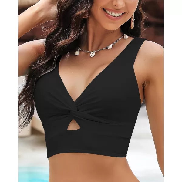 GRAPENT Bikini Tops for Women Cropped Tankini Tops Beach Padded Knot Twist Cut Out Adjustable Tank Swimwear Top OnlyBlack