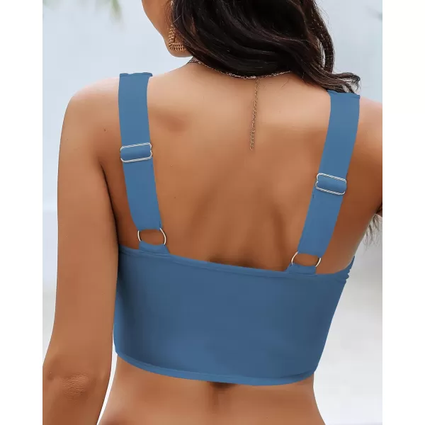 GRAPENT Bikini Tops for Women Cropped Tankini Tops Beach Padded Knot Twist Cut Out Adjustable Tank Swimwear Top OnlyGray Blue