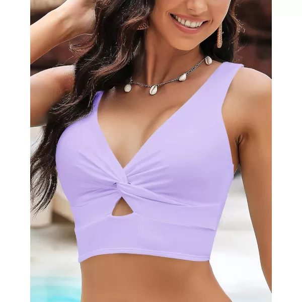 GRAPENT Bikini Tops for Women Cropped Tankini Tops Beach Padded Knot Twist Cut Out Adjustable Tank Swimwear Top OnlyLavender