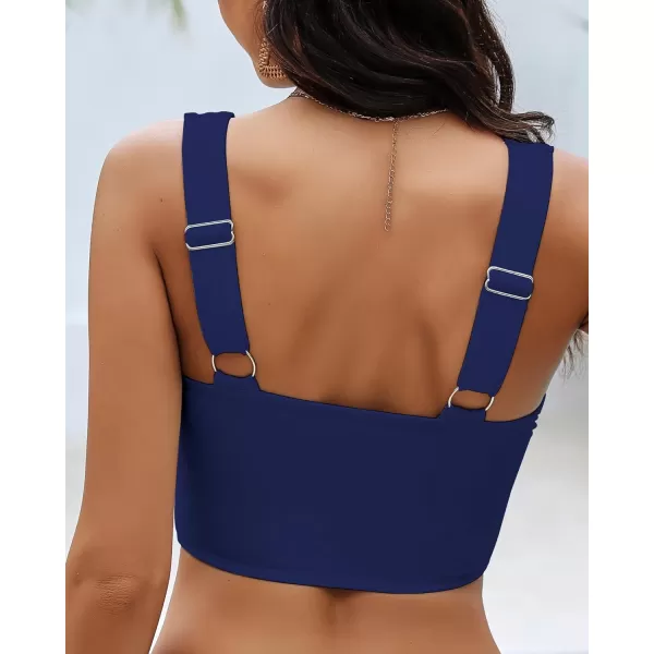 GRAPENT Bikini Tops for Women Cropped Tankini Tops Beach Padded Knot Twist Cut Out Adjustable Tank Swimwear Top OnlyNavy Blue