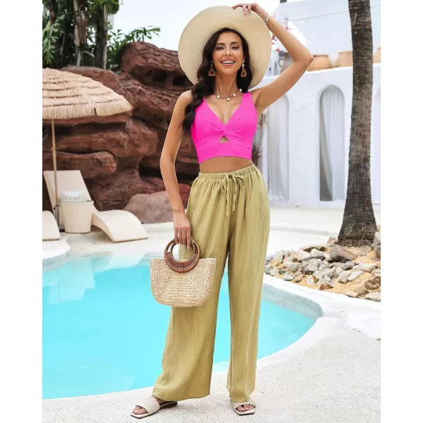 GRAPENT Bikini Tops for Women Cropped Tankini Tops Beach Padded Knot Twist Cut Out Adjustable Tank Swimwear Top OnlyNeon Pink