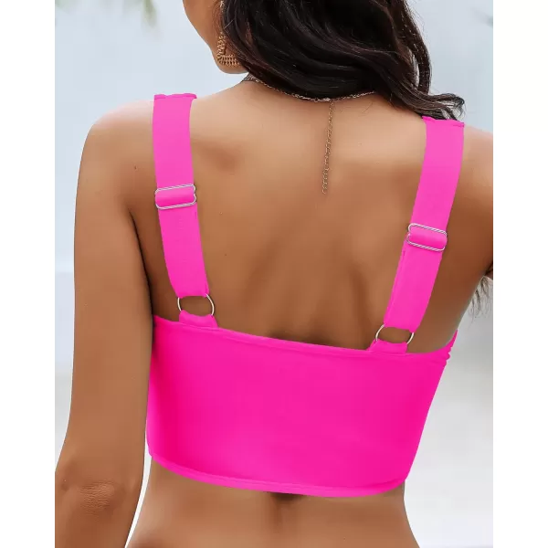 GRAPENT Bikini Tops for Women Cropped Tankini Tops Beach Padded Knot Twist Cut Out Adjustable Tank Swimwear Top OnlyNeon Pink