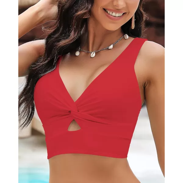 GRAPENT Bikini Tops for Women Cropped Tankini Tops Beach Padded Knot Twist Cut Out Adjustable Tank Swimwear Top OnlyRed