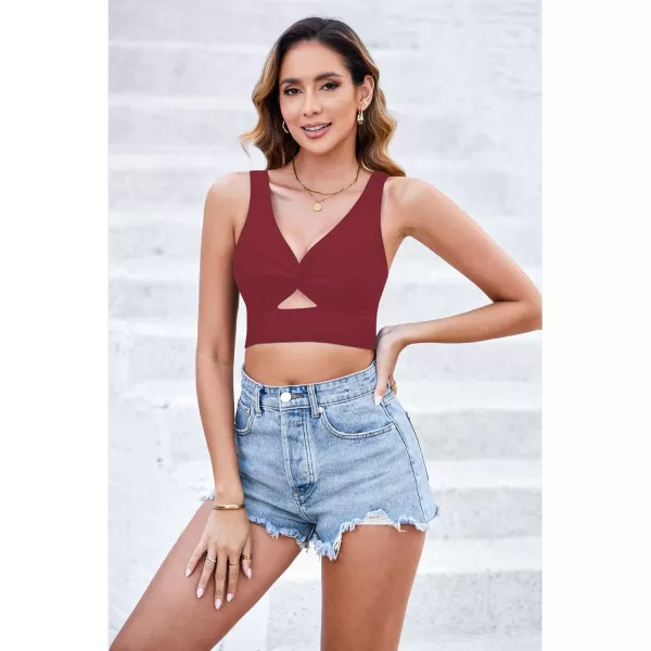 GRAPENT Bikini Tops for Women Cropped Tankini Tops Beach Padded Knot Twist Cut Out Adjustable Tank Swimwear Top OnlyWine Red