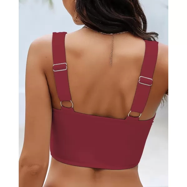 GRAPENT Bikini Tops for Women Cropped Tankini Tops Beach Padded Knot Twist Cut Out Adjustable Tank Swimwear Top OnlyWine Red