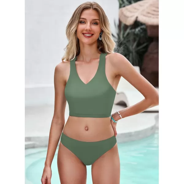 GRAPENT Bikini Tops for Women Cropped Tankini Tops Beach Padded Modest Adjustable Sporty Swimsuit Tank Swimwear Top OnlyArmy Green