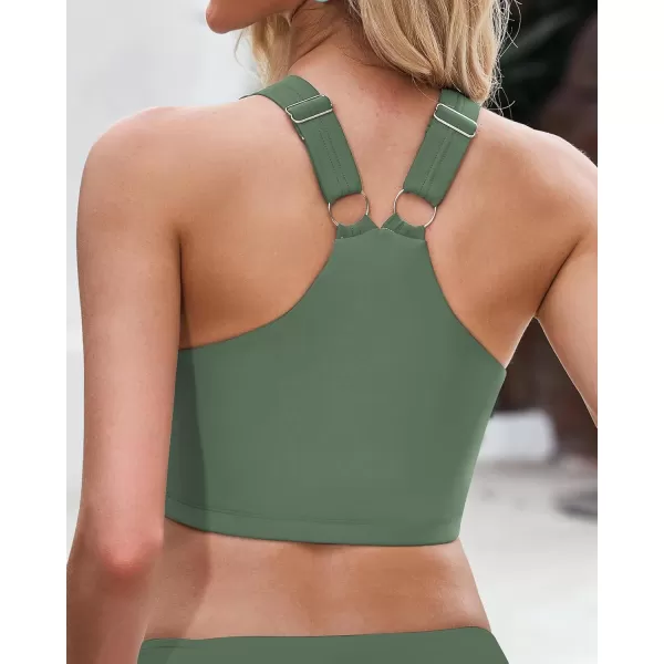 GRAPENT Bikini Tops for Women Cropped Tankini Tops Beach Padded Modest Adjustable Sporty Swimsuit Tank Swimwear Top OnlyArmy Green