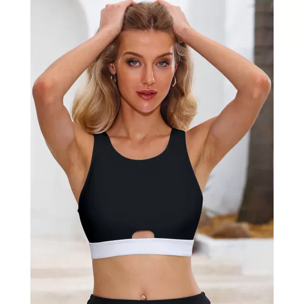 GRAPENT Bikini Tops for Women Cut Out Cropped Tankini Tops Beach High Neck Color Block Padded Swimwear Swim Tops OnlyBlack  White