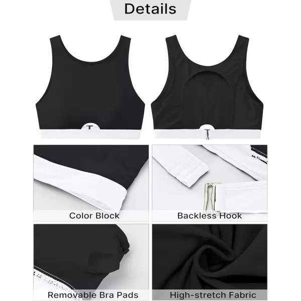 GRAPENT Bikini Tops for Women Cut Out Cropped Tankini Tops Beach High Neck Color Block Padded Swimwear Swim Tops OnlyBlack  White