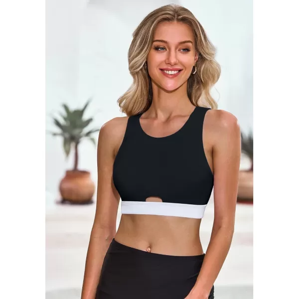 GRAPENT Bikini Tops for Women Cut Out Cropped Tankini Tops Beach High Neck Color Block Padded Swimwear Swim Tops OnlyBlack  White
