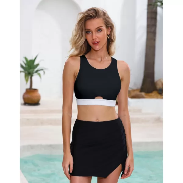 GRAPENT Bikini Tops for Women Cut Out Cropped Tankini Tops Beach High Neck Color Block Padded Swimwear Swim Tops OnlyBlack  White