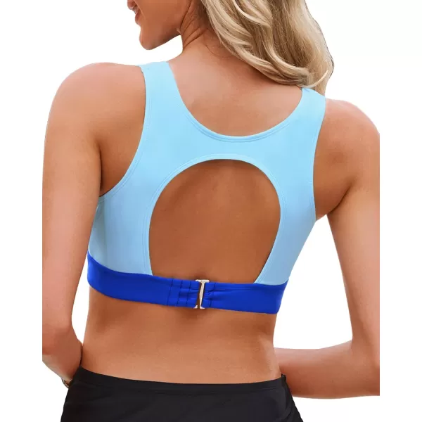 GRAPENT Bikini Tops for Women Cut Out Cropped Tankini Tops Beach High Neck Color Block Padded Swimwear Swim Tops OnlyBlue Block