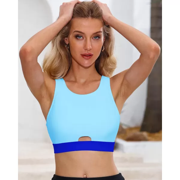 GRAPENT Bikini Tops for Women Cut Out Cropped Tankini Tops Beach High Neck Color Block Padded Swimwear Swim Tops OnlyBlue Block