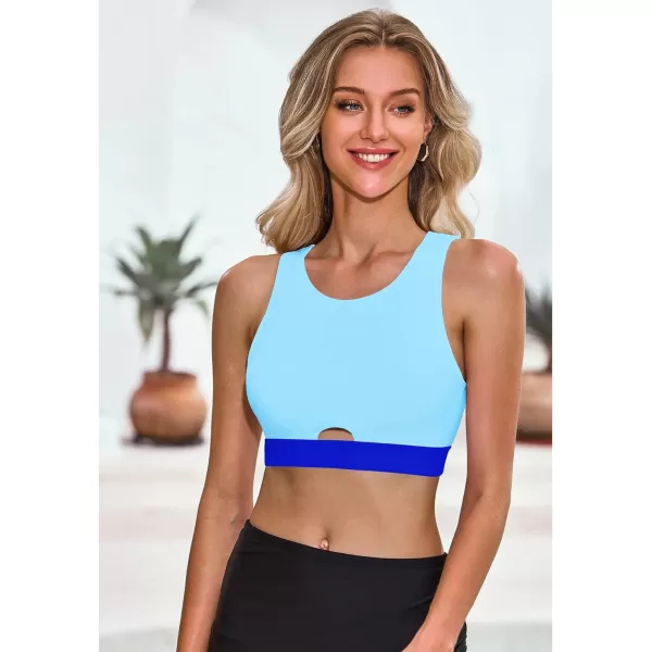 GRAPENT Bikini Tops for Women Cut Out Cropped Tankini Tops Beach High Neck Color Block Padded Swimwear Swim Tops OnlyBlue Block