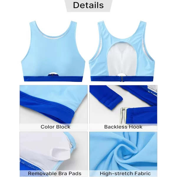 GRAPENT Bikini Tops for Women Cut Out Cropped Tankini Tops Beach High Neck Color Block Padded Swimwear Swim Tops OnlyBlue Block