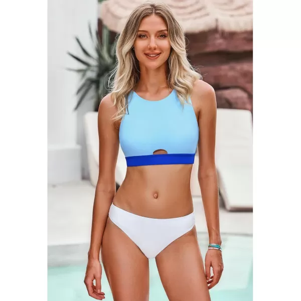 GRAPENT Bikini Tops for Women Cut Out Cropped Tankini Tops Beach High Neck Color Block Padded Swimwear Swim Tops OnlyBlue Block