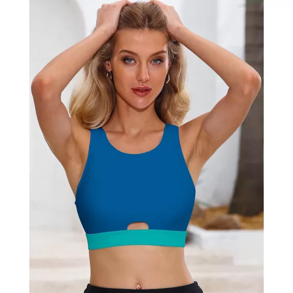 GRAPENT Bikini Tops for Women Cut Out Cropped Tankini Tops Beach High Neck Color Block Padded Swimwear Swim Tops OnlyLake Blue  Green