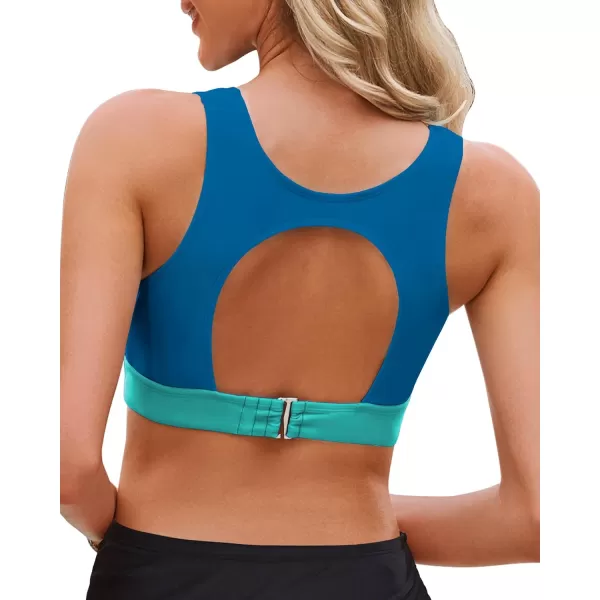GRAPENT Bikini Tops for Women Cut Out Cropped Tankini Tops Beach High Neck Color Block Padded Swimwear Swim Tops OnlyLake Blue  Green