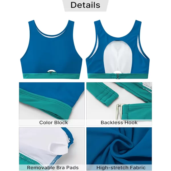 GRAPENT Bikini Tops for Women Cut Out Cropped Tankini Tops Beach High Neck Color Block Padded Swimwear Swim Tops OnlyLake Blue  Green