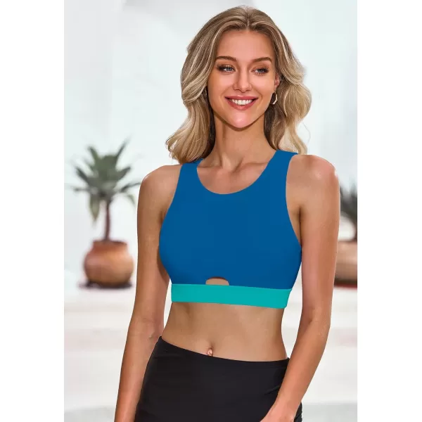 GRAPENT Bikini Tops for Women Cut Out Cropped Tankini Tops Beach High Neck Color Block Padded Swimwear Swim Tops OnlyLake Blue  Green