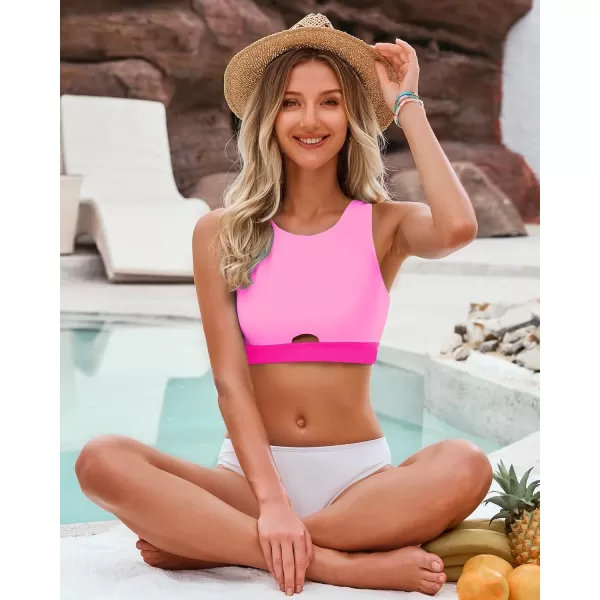 GRAPENT Bikini Tops for Women Cut Out Cropped Tankini Tops Beach High Neck Color Block Padded Swimwear Swim Tops OnlyPink Block