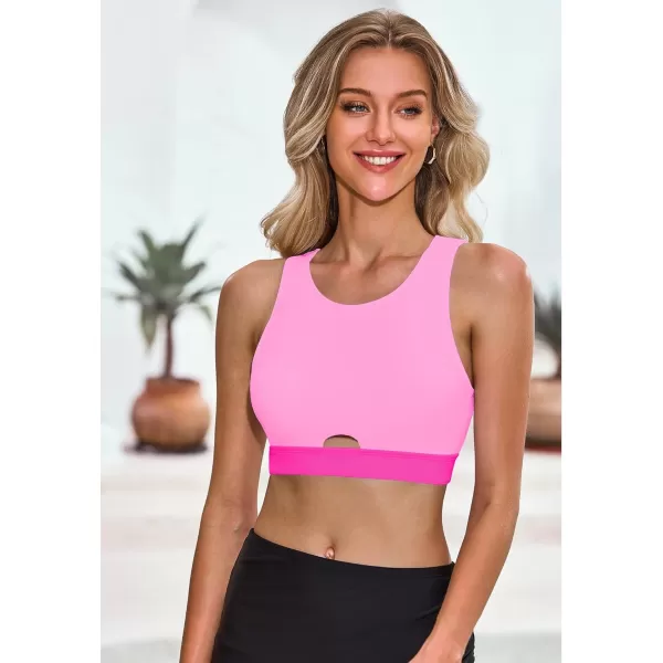 GRAPENT Bikini Tops for Women Cut Out Cropped Tankini Tops Beach High Neck Color Block Padded Swimwear Swim Tops OnlyPink Block