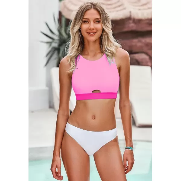 GRAPENT Bikini Tops for Women Cut Out Cropped Tankini Tops Beach High Neck Color Block Padded Swimwear Swim Tops OnlyPink Block