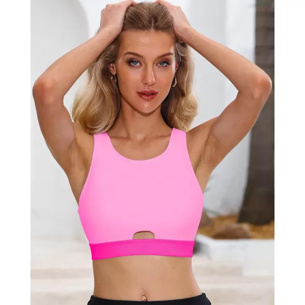 GRAPENT Bikini Tops for Women Cut Out Cropped Tankini Tops Beach High Neck Color Block Padded Swimwear Swim Tops OnlyPink Block