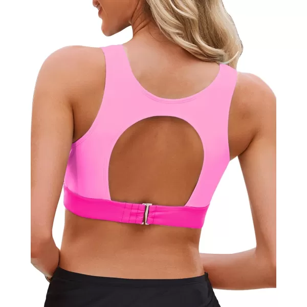 GRAPENT Bikini Tops for Women Cut Out Cropped Tankini Tops Beach High Neck Color Block Padded Swimwear Swim Tops OnlyPink Block