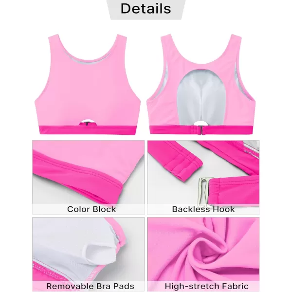 GRAPENT Bikini Tops for Women Cut Out Cropped Tankini Tops Beach High Neck Color Block Padded Swimwear Swim Tops OnlyPink Block