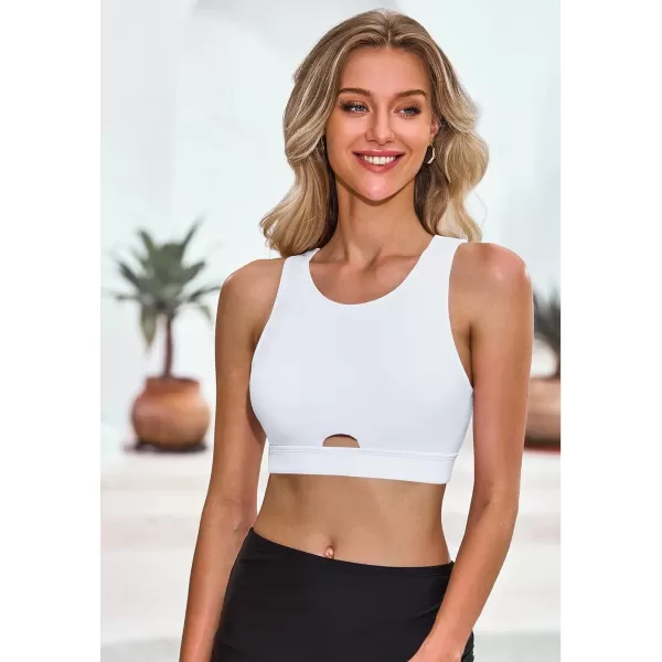 GRAPENT Bikini Tops for Women Cut Out Cropped Tankini Tops Beach High Neck Color Block Padded Swimwear Swim Tops OnlyWhite