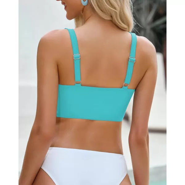 GRAPENT Bikini Tops for Women Ruched Cropped Tankini Tops Beach Adjustable Straps Bathing Suit Padded Swimwear Top OnlyAqua Blue