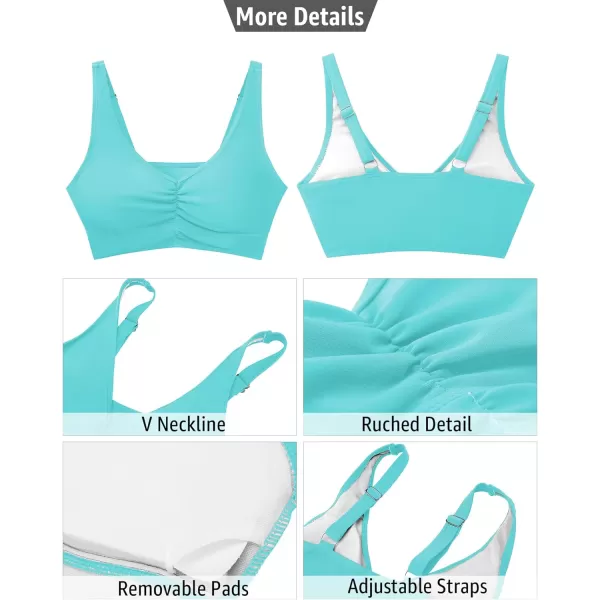 GRAPENT Bikini Tops for Women Ruched Cropped Tankini Tops Beach Adjustable Straps Bathing Suit Padded Swimwear Top OnlyAqua Blue