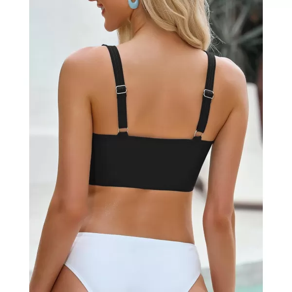 GRAPENT Bikini Tops for Women Ruched Cropped Tankini Tops Beach Adjustable Straps Bathing Suit Padded Swimwear Top OnlyBlack
