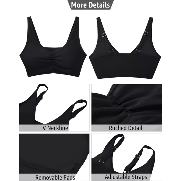 GRAPENT Bikini Tops for Women Ruched Cropped Tankini Tops Beach Adjustable Straps Bathing Suit Padded Swimwear Top OnlyBlack