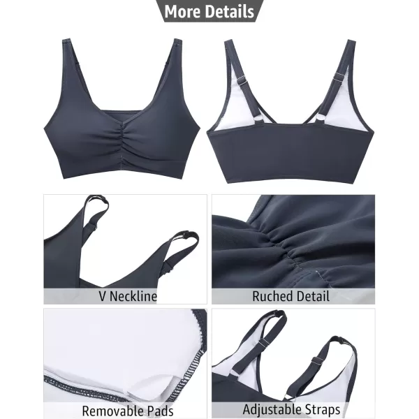 GRAPENT Bikini Tops for Women Ruched Cropped Tankini Tops Beach Adjustable Straps Bathing Suit Padded Swimwear Top OnlyDark Gray