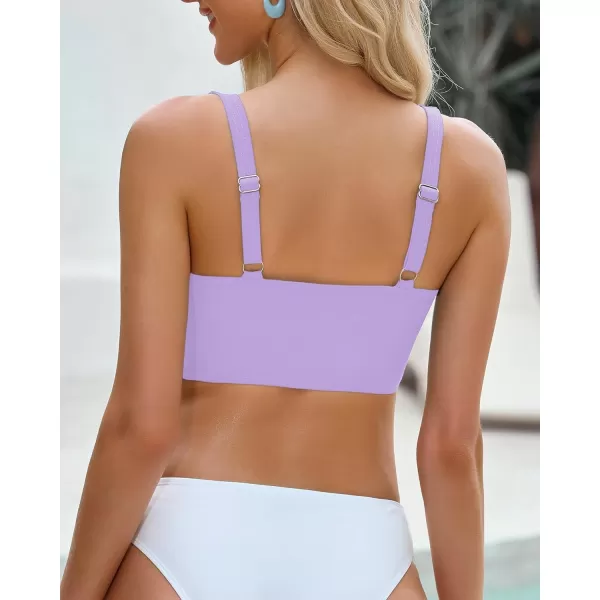 GRAPENT Bikini Tops for Women Ruched Cropped Tankini Tops Beach Adjustable Straps Bathing Suit Padded Swimwear Top OnlyLavender