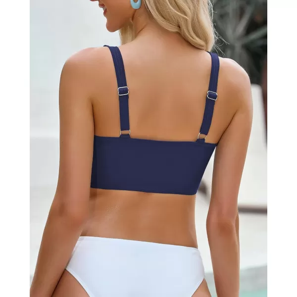 GRAPENT Bikini Tops for Women Ruched Cropped Tankini Tops Beach Adjustable Straps Bathing Suit Padded Swimwear Top OnlyNavy Blue