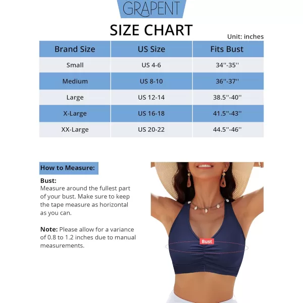 GRAPENT Bikini Tops for Women Ruched Cropped Tankini Tops Beach Adjustable Straps Bathing Suit Padded Swimwear Top OnlyNavy Blue