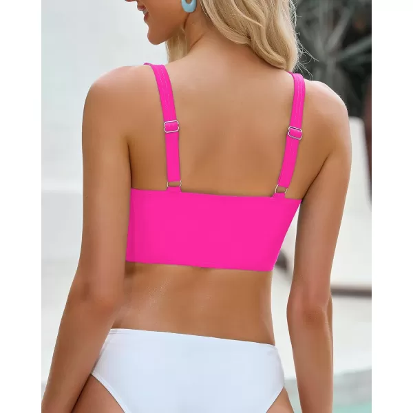 GRAPENT Bikini Tops for Women Ruched Cropped Tankini Tops Beach Adjustable Straps Bathing Suit Padded Swimwear Top OnlyNeon Pink