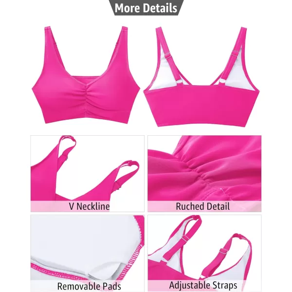 GRAPENT Bikini Tops for Women Ruched Cropped Tankini Tops Beach Adjustable Straps Bathing Suit Padded Swimwear Top OnlyNeon Pink