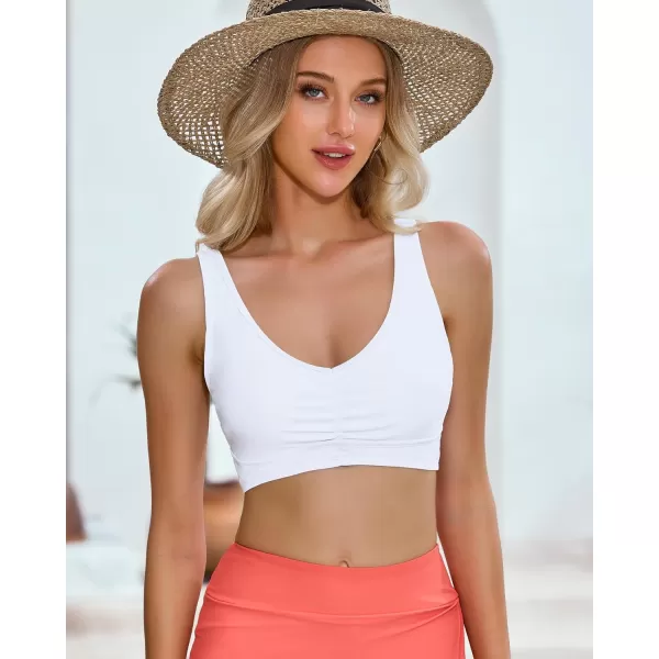 GRAPENT Bikini Tops for Women Ruched Cropped Tankini Tops Beach Adjustable Straps Bathing Suit Padded Swimwear Top OnlyWhite