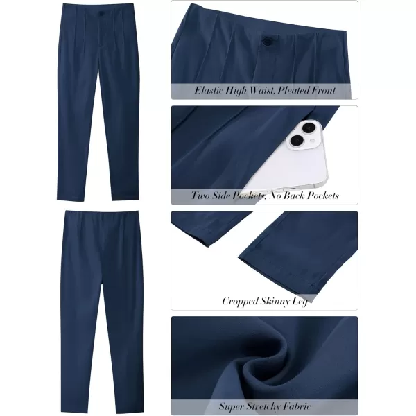 GRAPENT Cropped Pants for Women Dressy Casual High Waisted Pleated Pants Lightweight Stretch Slim Ankle Trousers PantsDark Blue