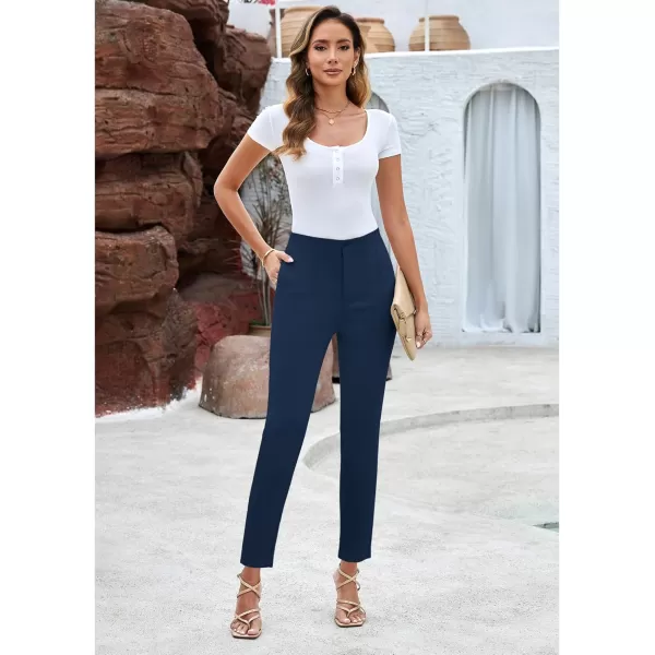 GRAPENT Cropped Pants for Women Dressy Casual High Waisted Pleated Pants Lightweight Stretch Slim Ankle Trousers PantsDark Blue