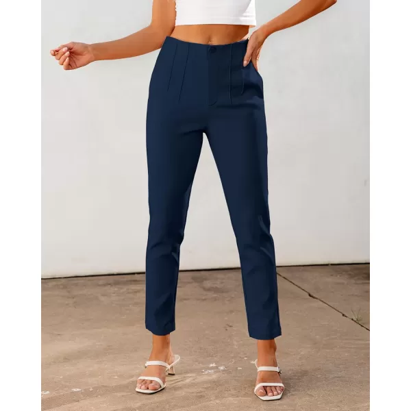 GRAPENT Cropped Pants for Women Dressy Casual High Waisted Pleated Pants Lightweight Stretch Slim Ankle Trousers PantsDark Blue