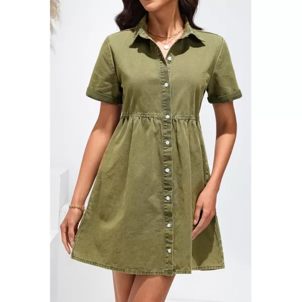 GRAPENT Denim Dress for Women Babydoll Tiered Short Sleeve Button Down Jean Shirt DressesArmy Green