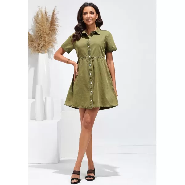 GRAPENT Denim Dress for Women Babydoll Tiered Short Sleeve Button Down Jean Shirt DressesArmy Green