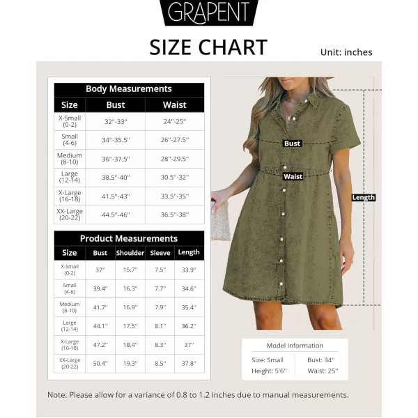 GRAPENT Denim Dress for Women Babydoll Tiered Short Sleeve Button Down Jean Shirt DressesArmy Green