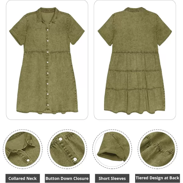 GRAPENT Denim Dress for Women Babydoll Tiered Short Sleeve Button Down Jean Shirt DressesArmy Green