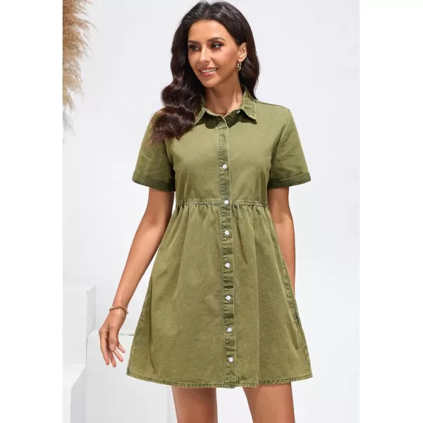 GRAPENT Denim Dress for Women Babydoll Tiered Short Sleeve Button Down Jean Shirt DressesArmy Green